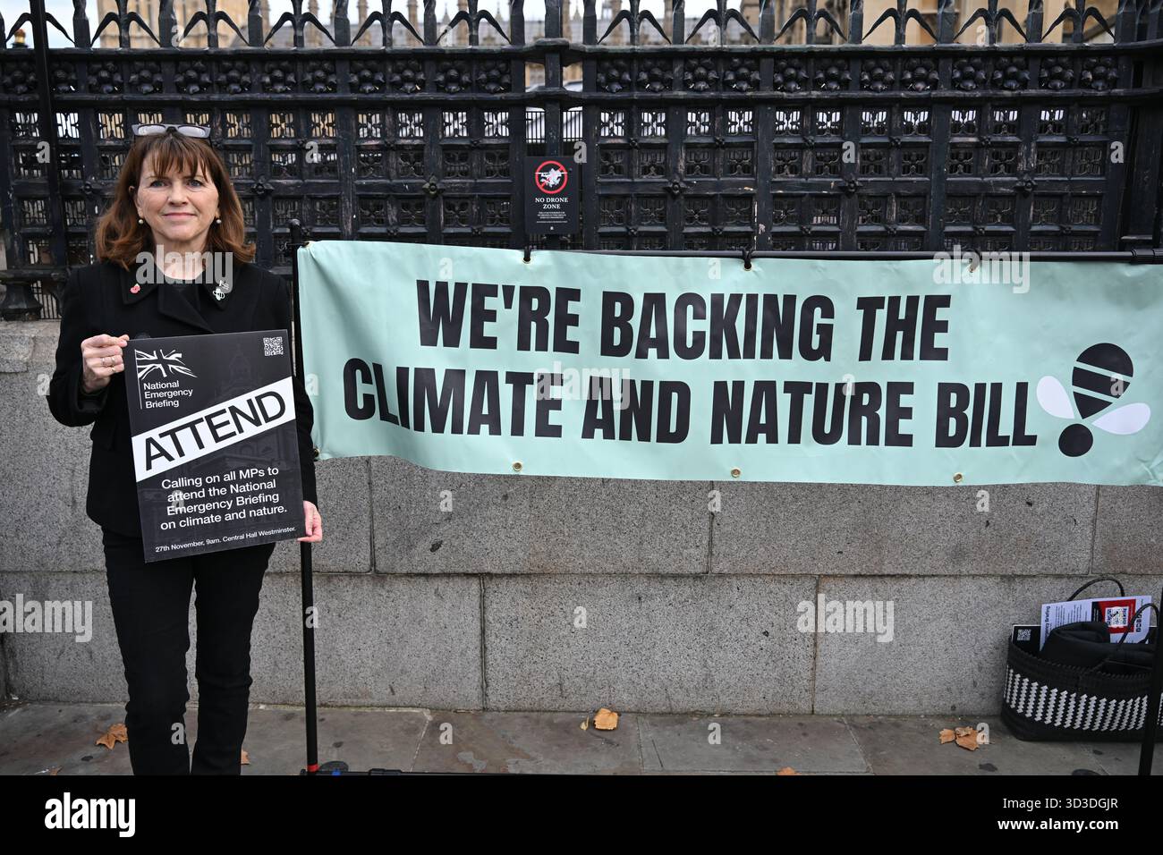 LONDRA, REGNO UNITO. 5 novembre 2025. Gli attivisti per il clima invitano tutti i parlamentari a partecipare al briefing di emergenza nazionale sul clima e la natura. La crisi climatica e naturalistica è un'emergenza su più fronti che avrà un impatto su tutti gli aspetti della vita britannica, dalla sicurezza nazionale all'approvvigionamento alimentare al di fuori del Parlamento a Londra, nel Regno Unito. (Foto di 李世惠/SEE li/Picture Capital) credito: Vedi li/Picture Capital/Alamy Live News Foto Stock