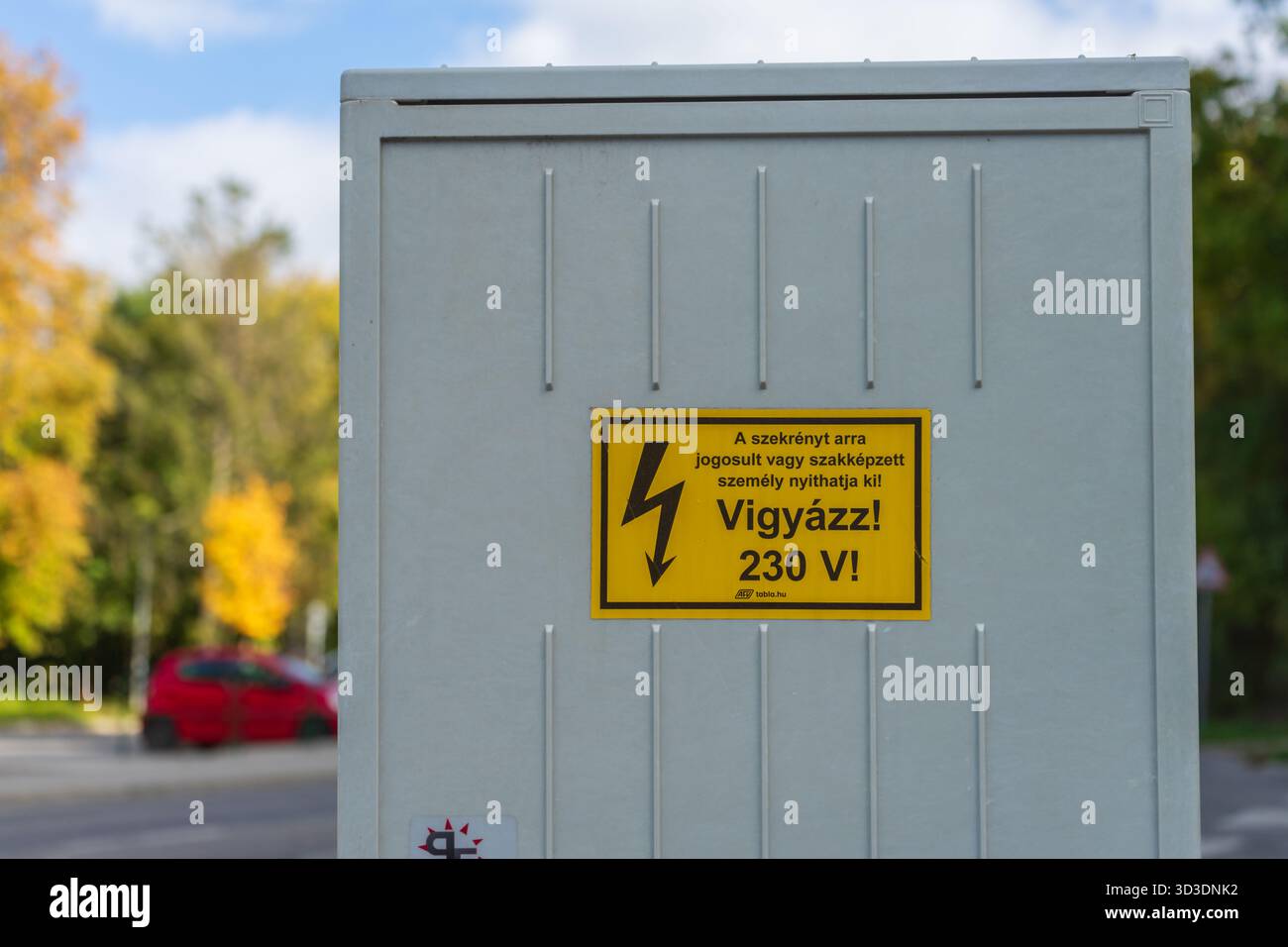 Armadio da 230 V a lato della strada di Budapest con segnale di sicurezza ungherese. Foto Stock
