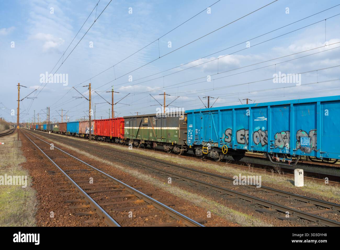 Lunga linea di carri merci sulla linea principale del cantiere di smistamento di Budapest (Rákosrendező), che mostra materiale rotabile, graffiti e infrastrutture del cantiere ferroviario. Foto Stock
