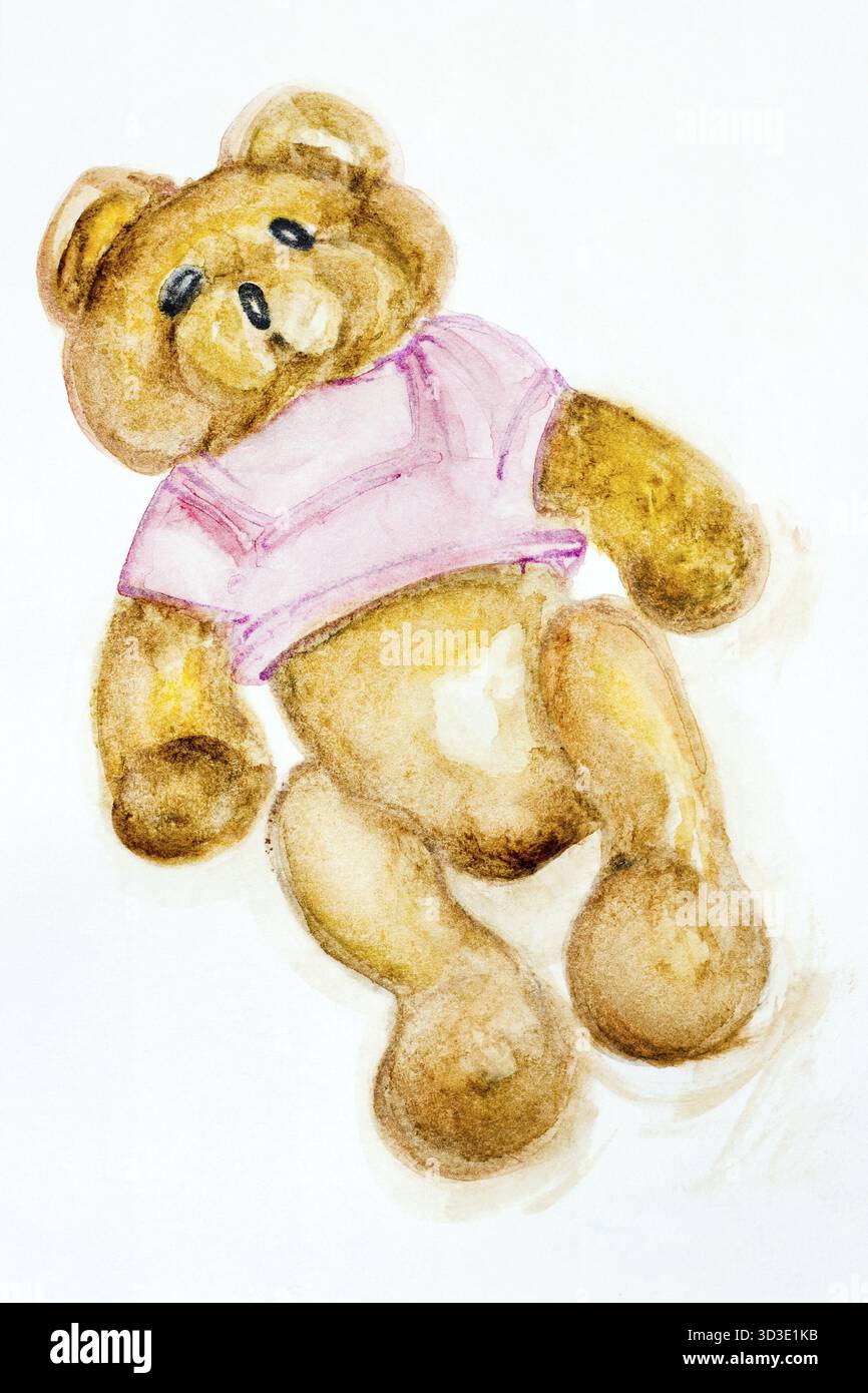 Dimenticato perso il vecchio orso soffice giocattolo artigianale ad acquerello arte illustrazione Foto Stock