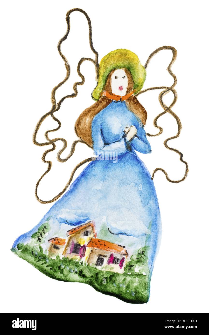 Signora estate con le ali al concetto d'arte. Acquarello dipinto a mano illustrazione Foto Stock