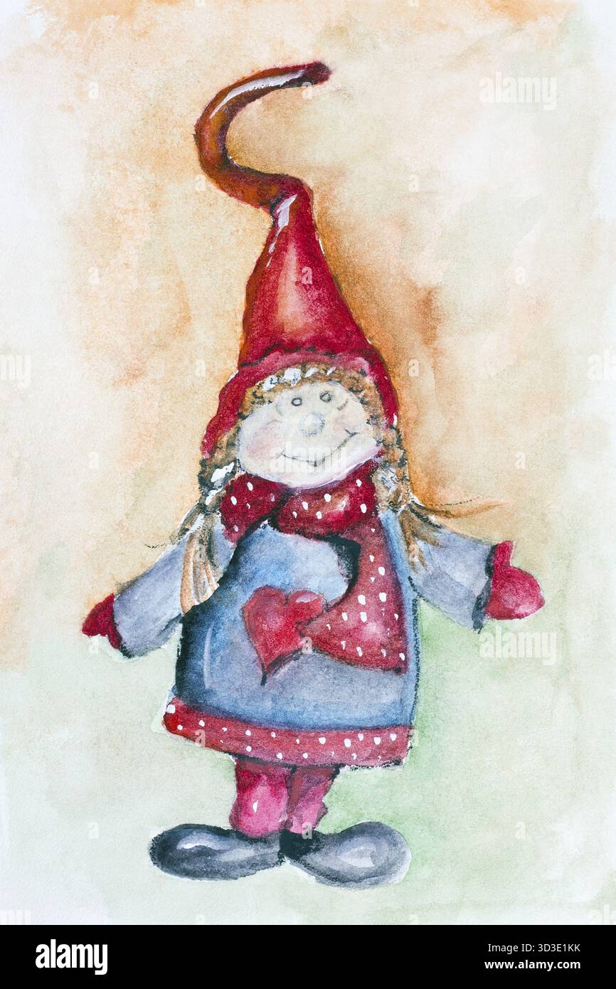 Inverno bambola giocattolo- ragazza in una pelliccia. Acquarello dipinto di illustrazione Foto Stock