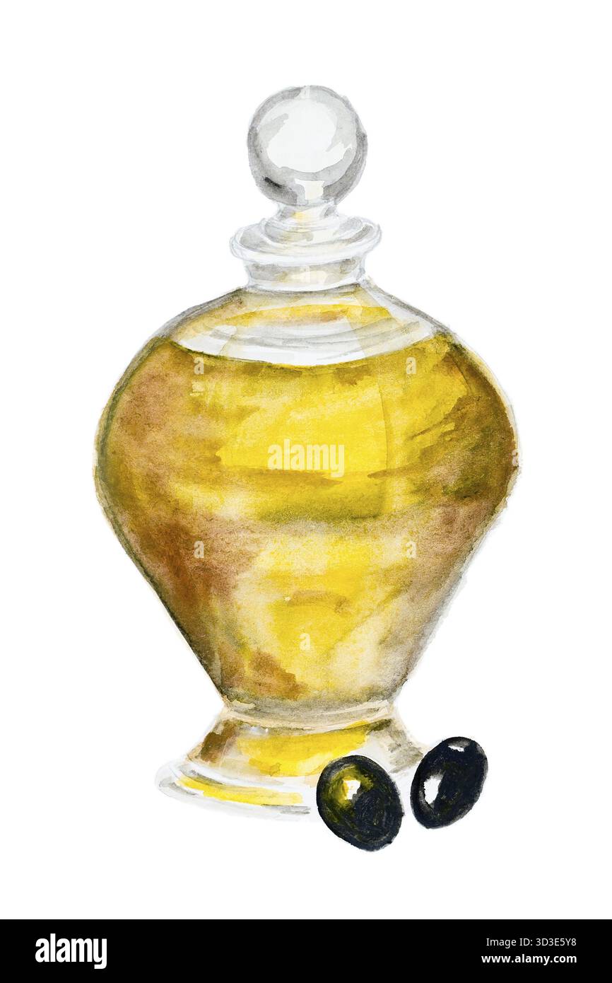 Fresco di olio di oliva in una grande bottiglia di vetro isolato. Fatti a mano di pittura ad acquerello illustrazione su un libro bianco sullo sfondo di arte Foto Stock