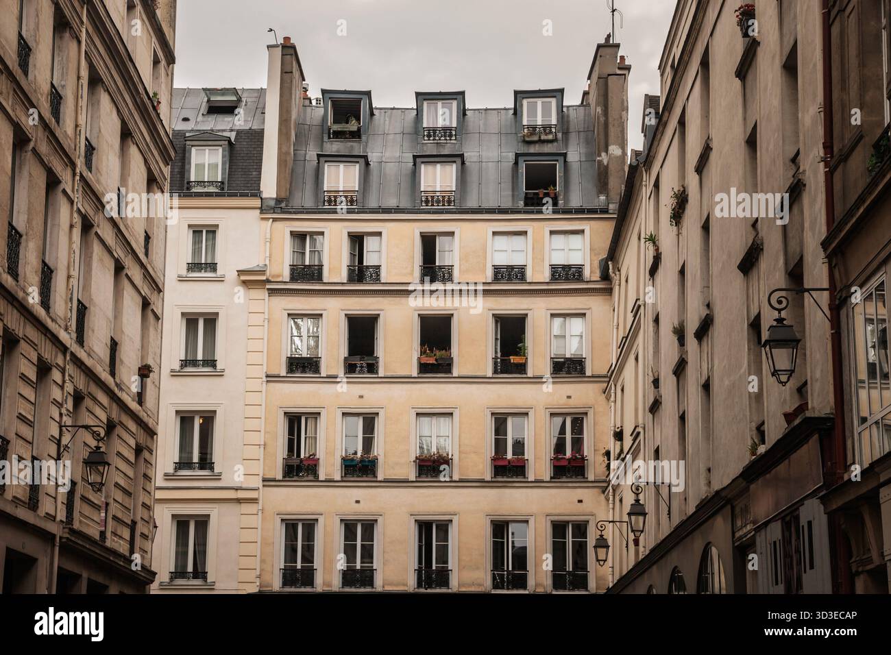 Vista del cortile di Parigi di un edificio residenziale pre-Haussmann con pareti color crema, tetto in mansarda e finestre dormitori, barre di ferro battuto per il balcone e Street lam Foto Stock