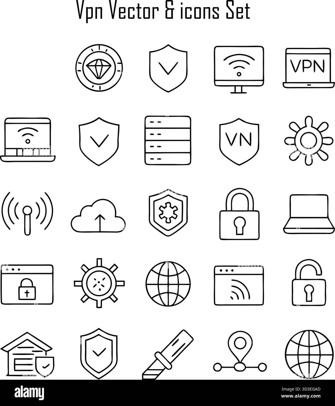Illustrazione delle icone della VPN per Cybersecurity e Digital Privacy Design Illustrazione Vettoriale