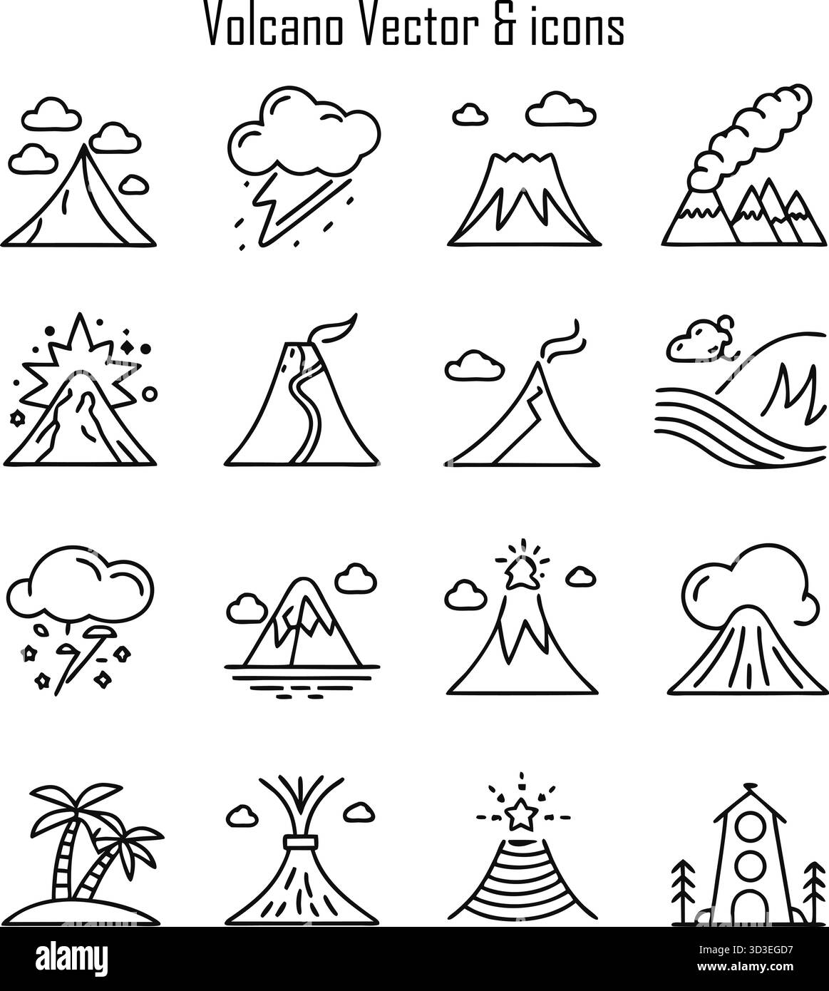 Set di icone del vulcano: Eruzione, lava, disastro naturale e simboli geologici Illustrazione Vettoriale