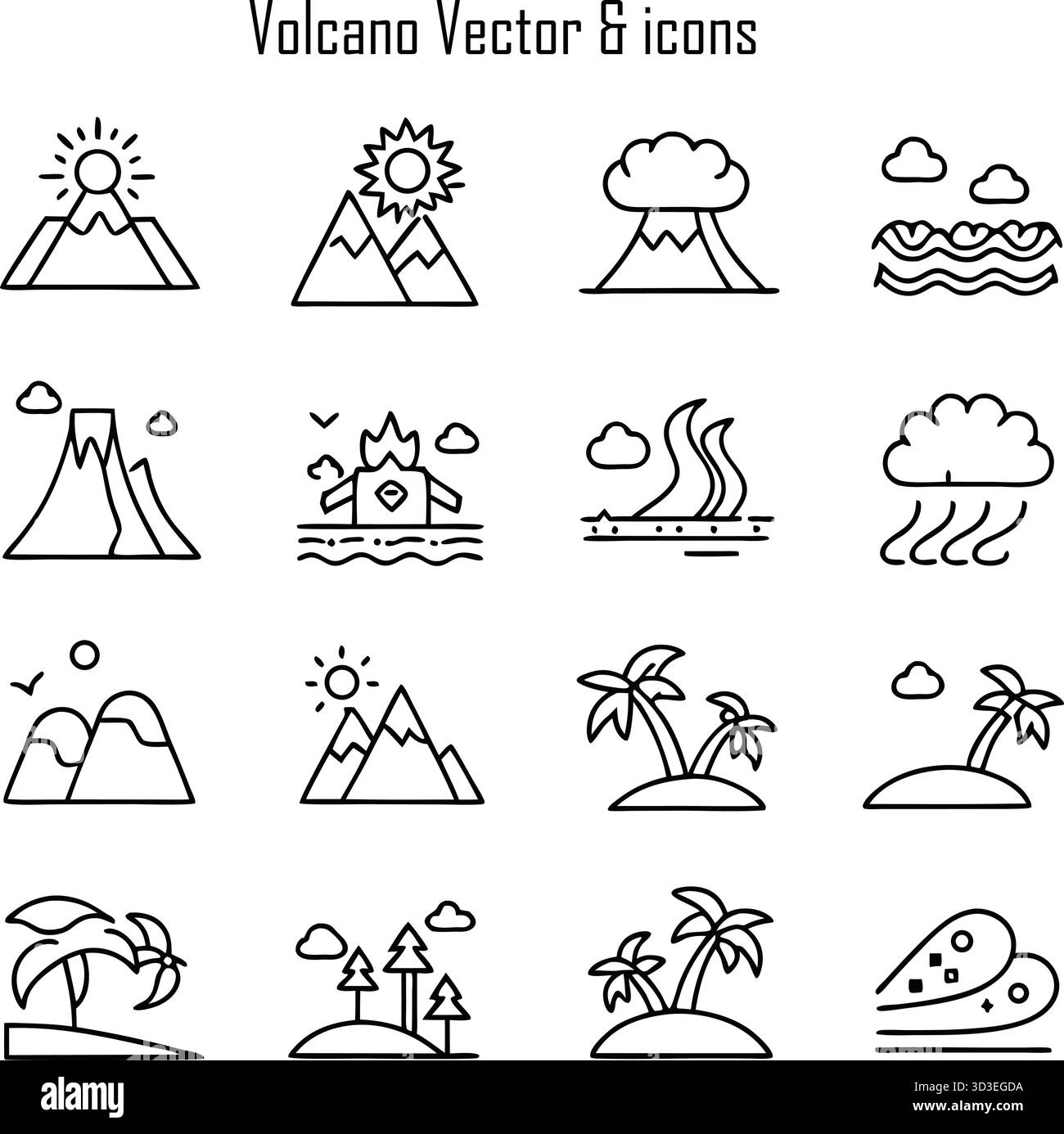 Set di icone del vulcano: Eruzione, lava, disastro naturale e simboli geologici Illustrazione Vettoriale
