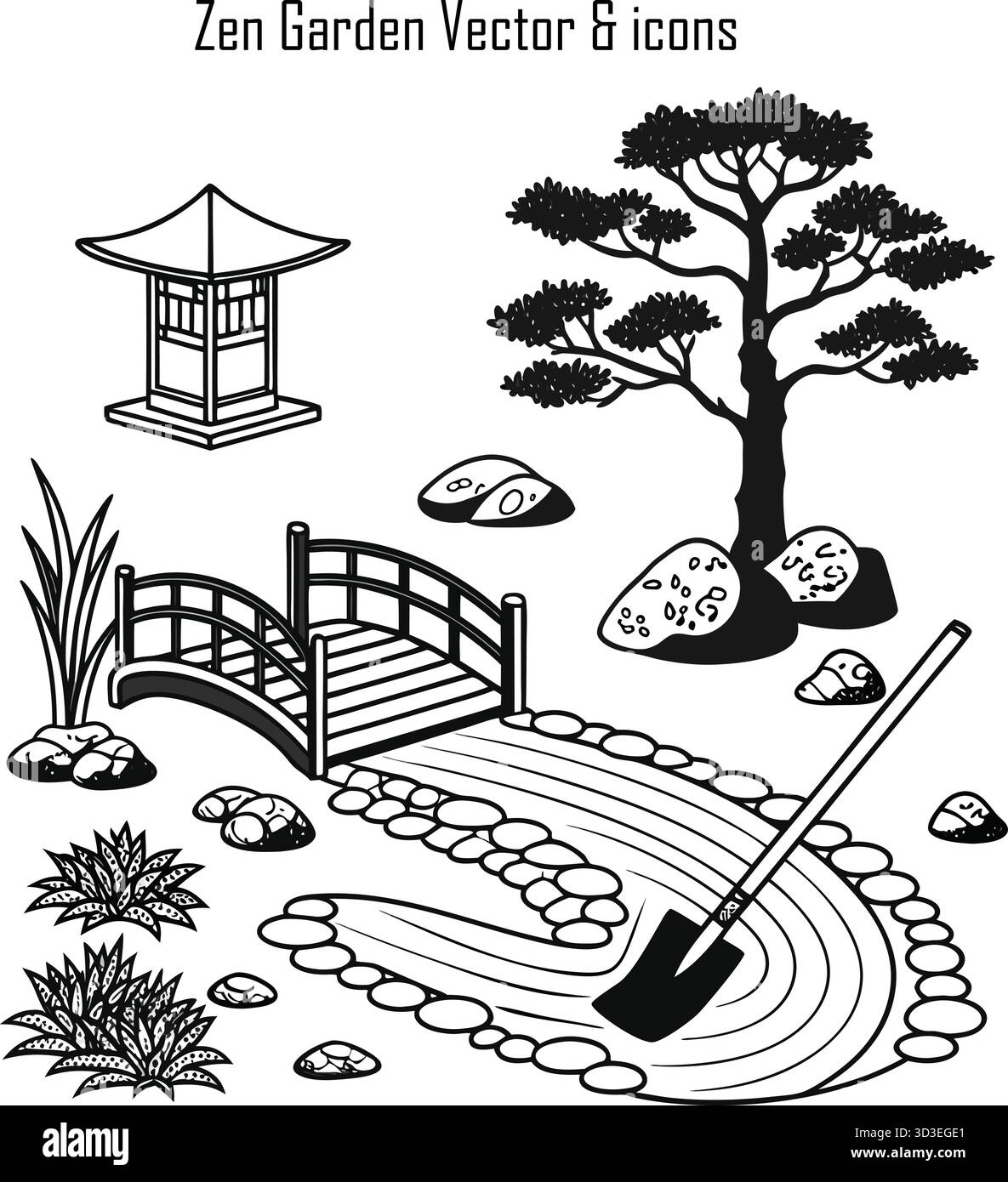 Tranquillo giardino Zen con pietre e sabbia rastrellata Illustrazione Vettoriale