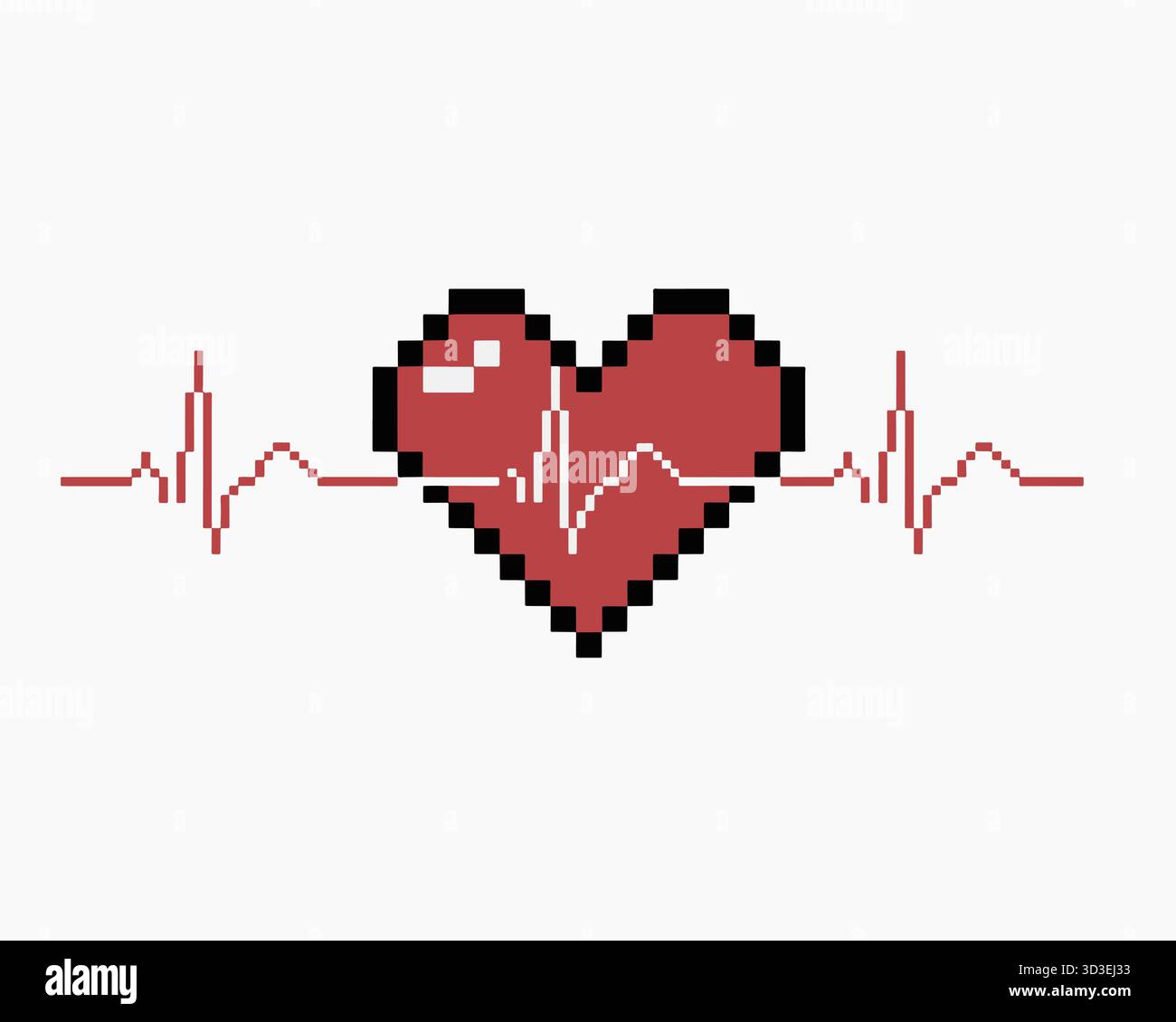 Illustrazione del cuore con pixel con linea ECG per la progettazione di strutture sanitarie e tecnologiche Illustrazione Vettoriale