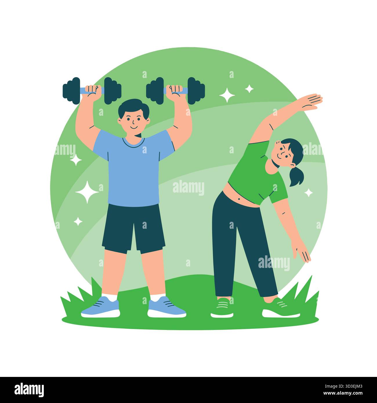 Uomo che solleva manubri e donna che si allunga all'aperto esercitando e stile di vita sano Illustrazione Vettoriale