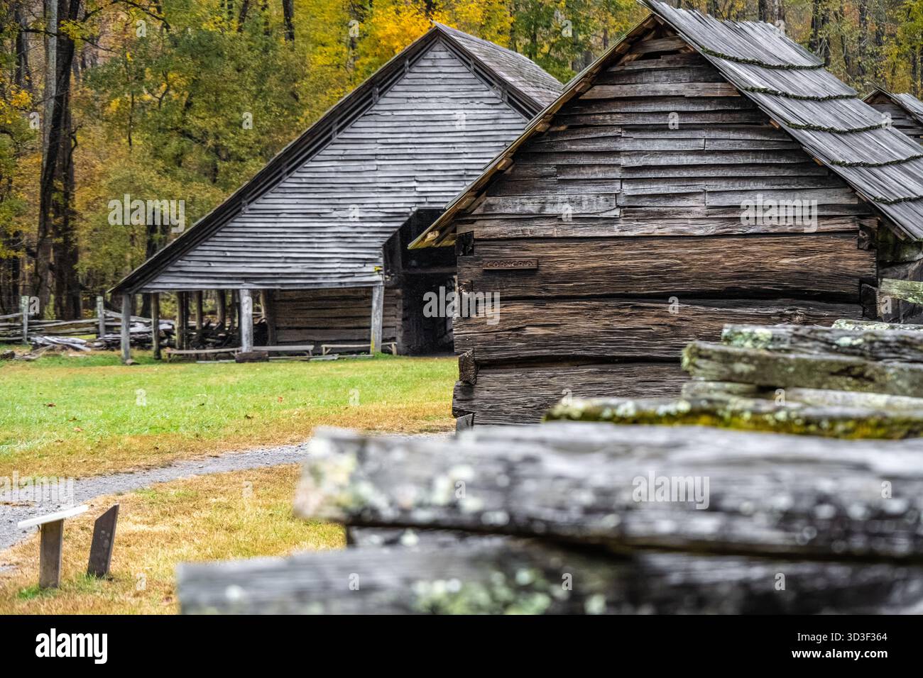 Culla di mais e fienile Enloe presso l'Oconaluftee Mountain Farm Museum all'ingresso del Great Smoky Mountains National Park vicino a Cherokee, North Carolina. (USA) Foto Stock