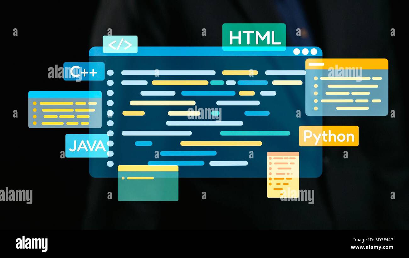 Una rappresentazione visivamente sorprendente di diversi linguaggi di programmazione con frammenti di codice digitali colorati che mostrano HTML, , e C contro un buio Foto Stock