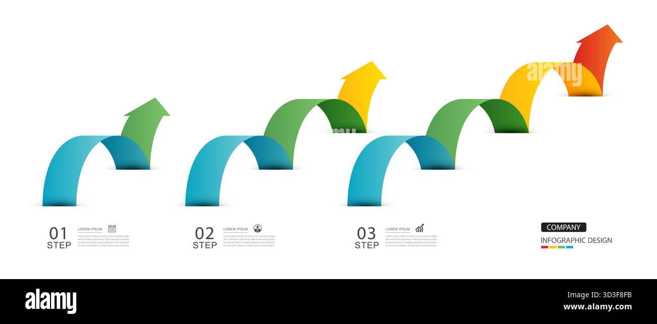 Infografiche, simbolo della freccia, sequenza temporale dei passi aziendali per il successo. Illustrazione Vettoriale