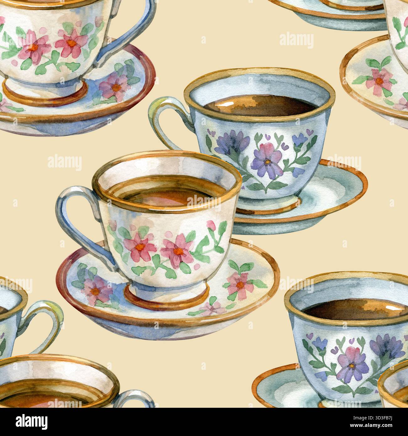 Motivo acquerello senza cuciture con tazze e piattini da tè floreali, piatti in porcellana dipinti a mano, elegante design botanico per avvolgere carta, tessuto e. Foto Stock