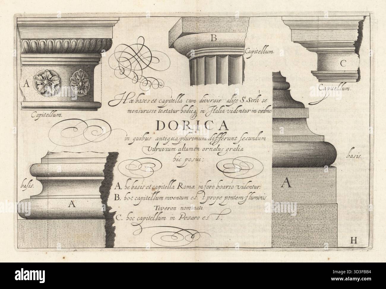 Vari capitelli dorici e basi. Base e capitale dal foro di Roma A, capitale dal ponte Tevere B, capitale da Pesaro C. Capitellum, base, Dorica. Incisione in rame di Henricus Hondius dal suo Les Cinq Rangs de l’Architecture a scavoir, Tuscane, Dorique, Ionique, Corinthiaque et Composee, i cinque ordini di architettura: toscano, dorico, ionico, corinzio e composito, Jean Janson, Amsterdam, 1617. Foto Stock