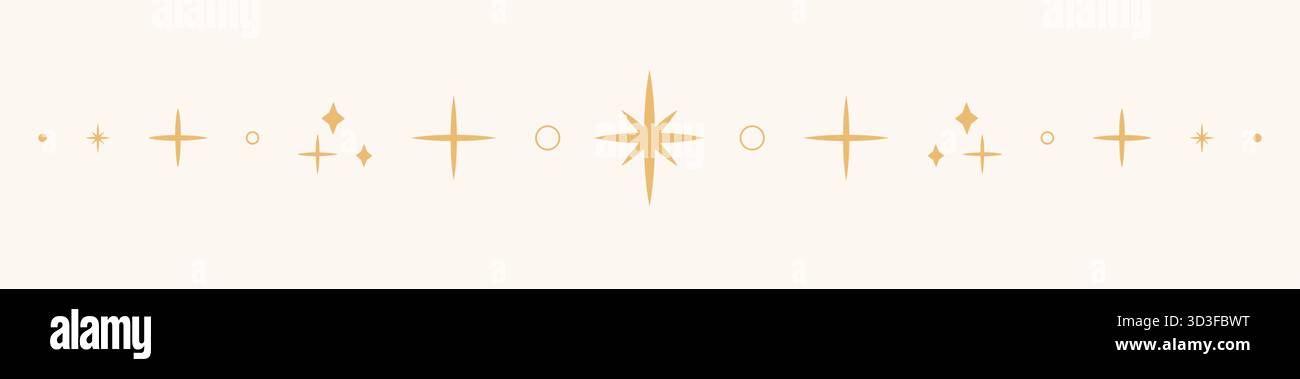 Bordo stellare celeste, linea dorata divisore scintillante, ornamento semplice ed elegante. Elementi spaziali brillanti per le feste. Separatore magico, decorazione spirituale. Illustrazione vettoriale Illustrazione Vettoriale