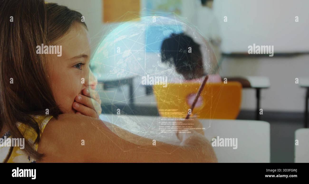 Ragazza pensante in cima gialla che guarda la scrivania in classe con copertura a globo e spazio fotocopie Foto Stock