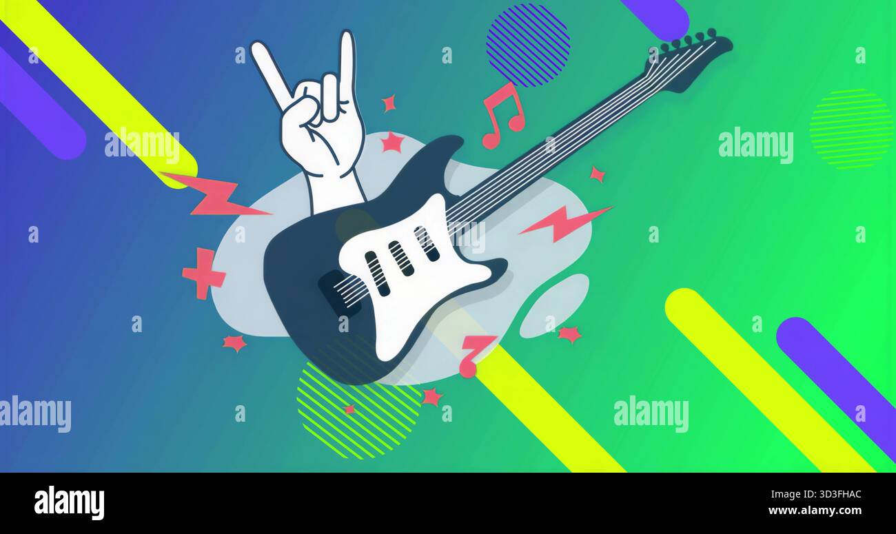 Mostra la chitarra elettrica e i gesti rock delle mani nell'arte digitale, con musica e icone dei fulmini Foto Stock