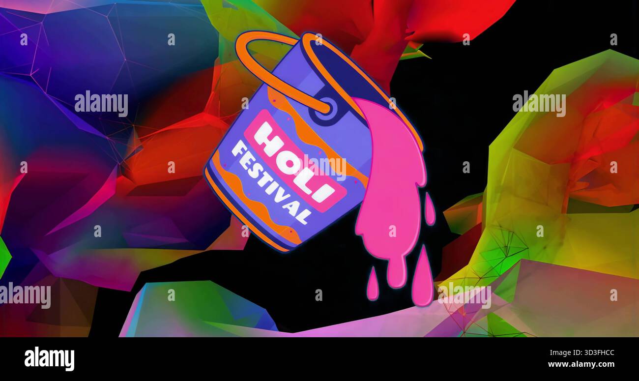 Secchio inclinabile dell'Holi Festival, che fuoriesce polvere rosa su tela scura con poligoni colorati Foto Stock