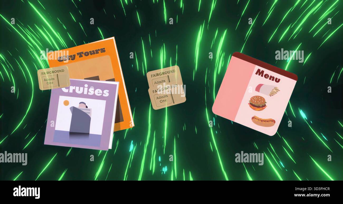 Tour della città in hovering, opuscoli per crociere, biglietti per la fiera in interfaccia, con icone delle carte menu Foto Stock