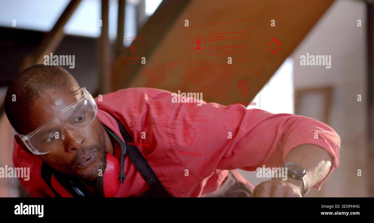 Indossando occhiali protettivi e protezioni per le orecchie, il portabagagli di sicurezza del falegname all'interno della casa parzialmente rifinita Foto Stock