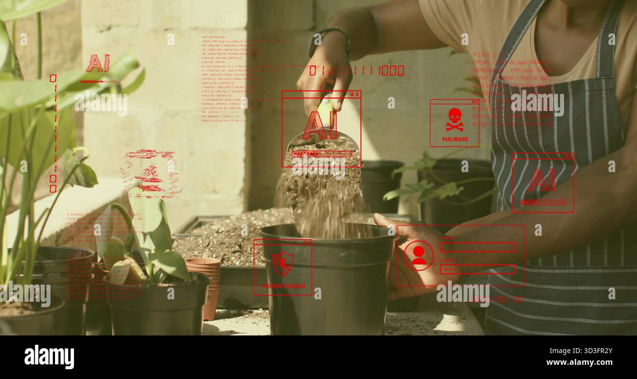 Giardiniere in grembiule di tela che infilano il terreno nel vaso del patio, con pala, copertura IA, spazio per copiare Foto Stock