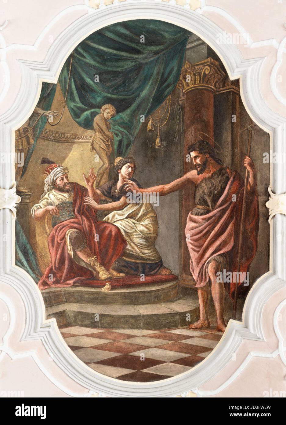 Bad Reichenhall - l'affresco di San Giovanni Battista denuncia di Erode ed Erodia nella chiesa di San Giovanni Spitalkirche Foto Stock