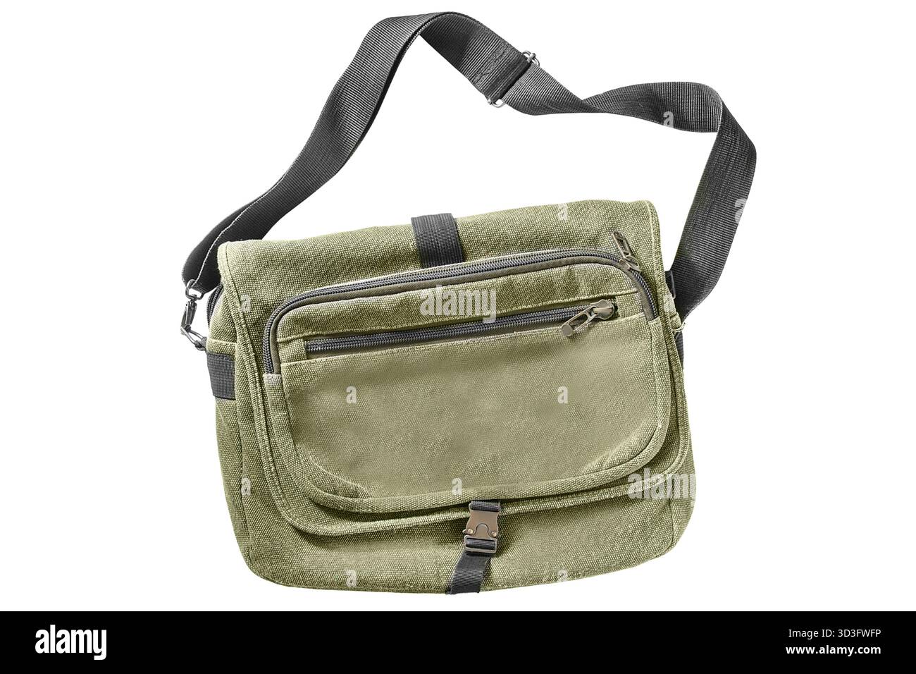 Borsa a spalla in tela verde cachi isolata su sfondo bianco Foto Stock