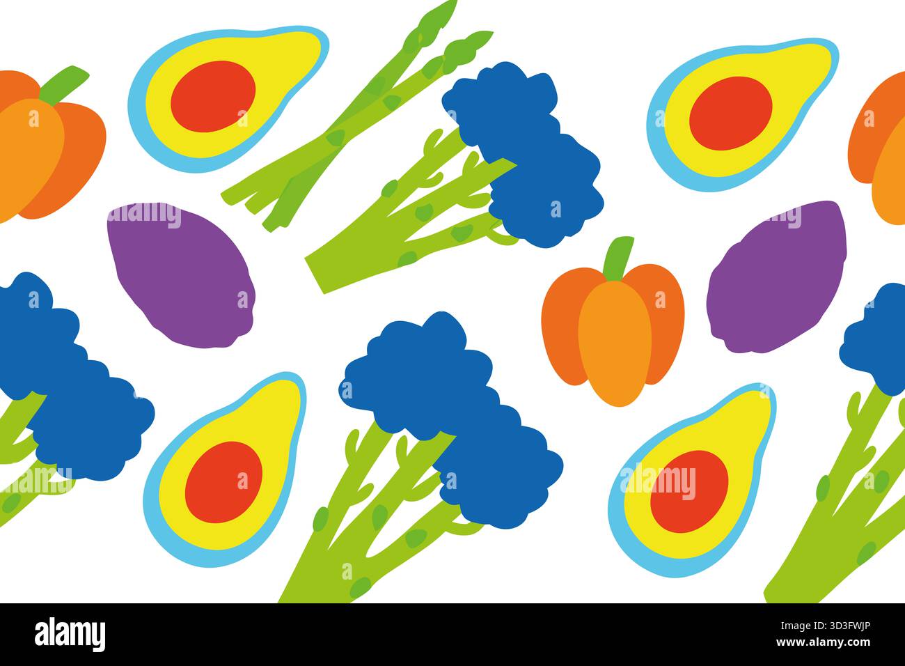 Questo vivace design presenta varie verdure e frutta, tra cui broccoli, peperoni, patate dolci e avocado. Perfetto per promuovere la salute Foto Stock