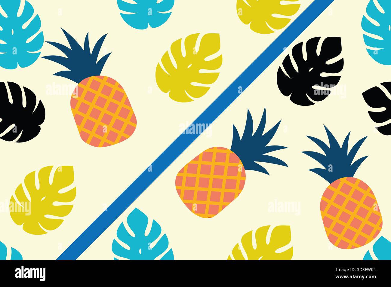 Motivo luminoso e vivace con ananas e foglie tropicali nei colori blu, giallo e nero. Perfetto per design e decorazioni a tema estivo. Foto Stock