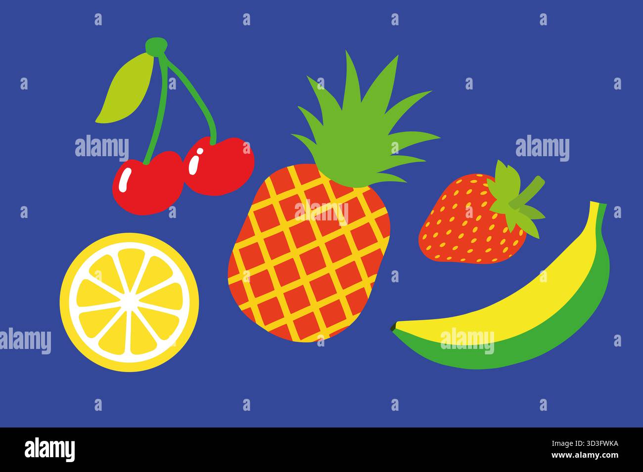 Frutti vivaci e colorati, tra cui ciliegie, ananas, fragole, limone, e banana, sono splendidamente disposti su uno sfondo blu, celebrando la t Foto Stock
