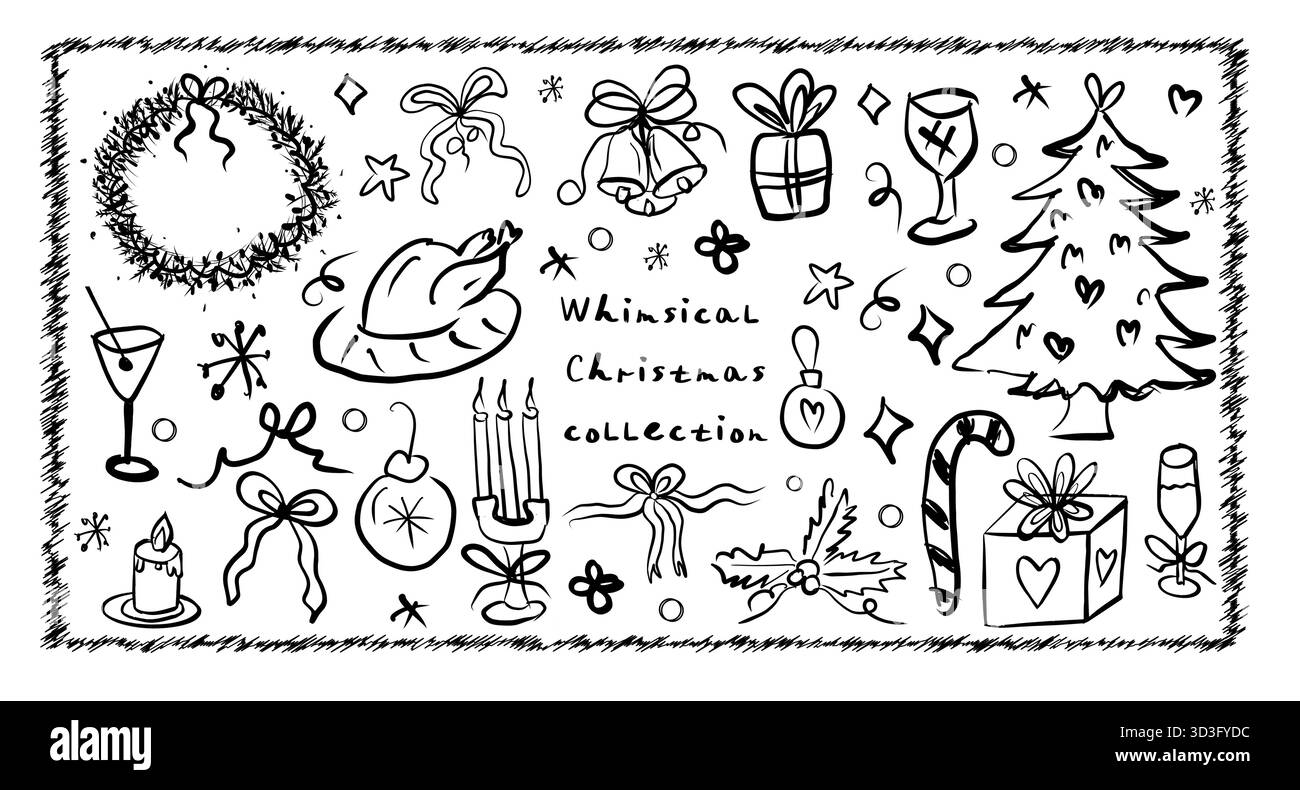 Stravagante coquette cibo e vino natalizi. La dolce vita. Elementi di design per biglietti di auguri per feste di Capodanno e inviti per feste invernali Illustrazione Vettoriale