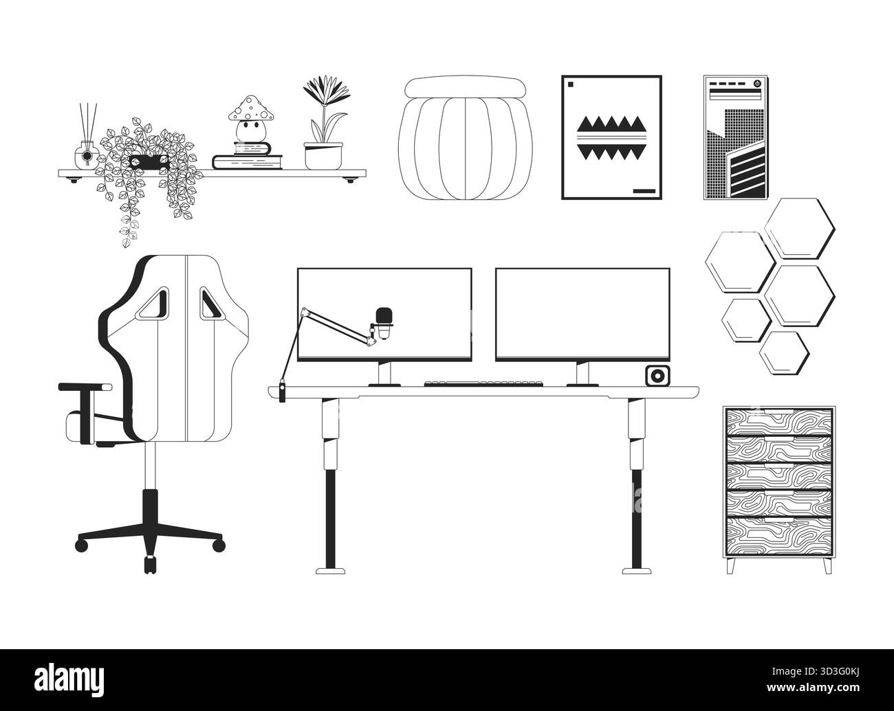 Moderno set di oggetti linea 2D per il lavoro da casa Illustrazione Vettoriale