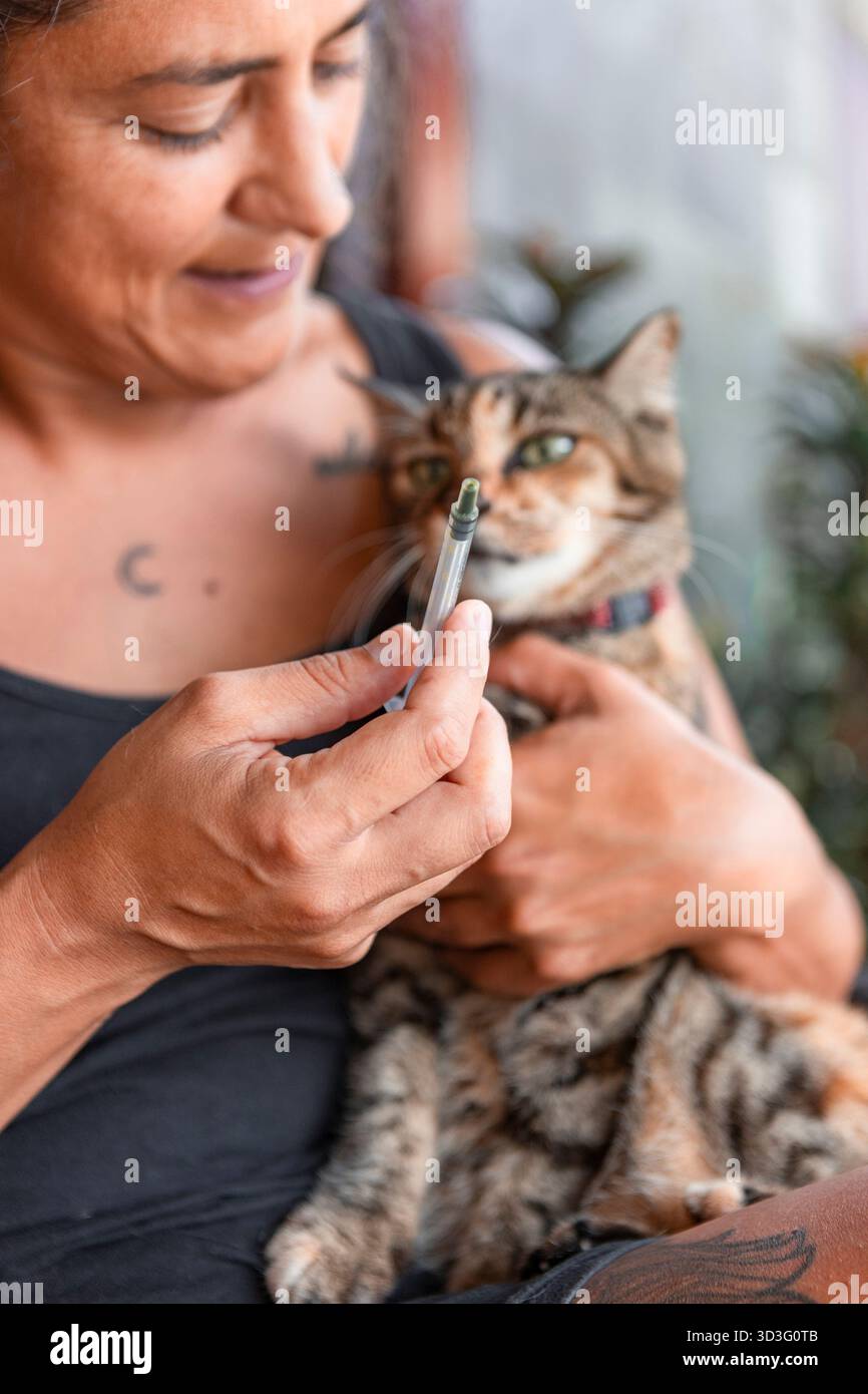 Una donna tiene una siringa e si prepara a somministrare farmaci a un gatto che sta cullando dolcemente, dimostrando cura e attenzione alla salute degli animali domestici. Foto Stock