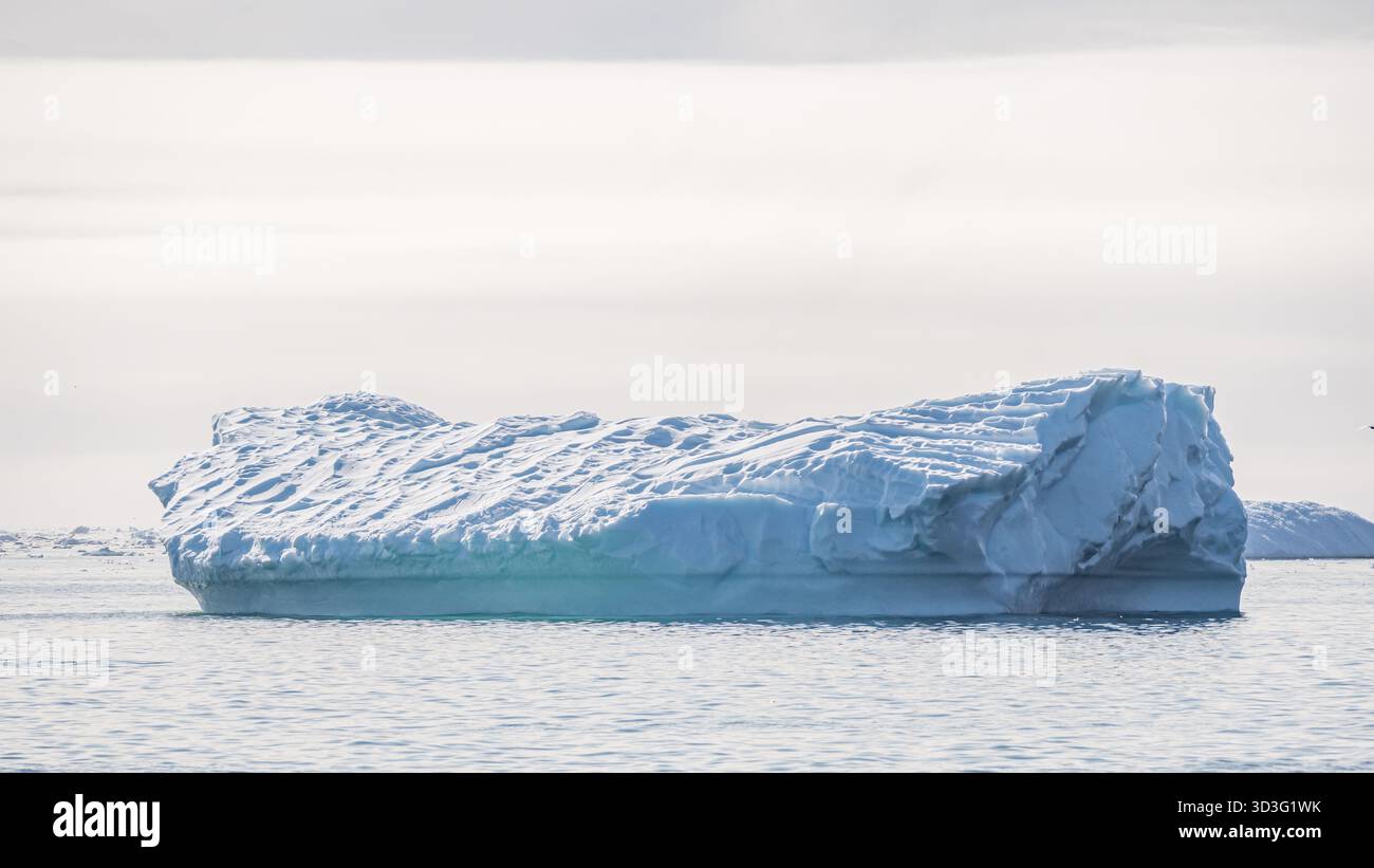 Un iceberg solitario galleggia con grazia nelle tranquille acque di Ilulissat, Groenlandia. Il cielo limpido e le dolci onde evidenziano l'intricato ic dell'iceberg Foto Stock