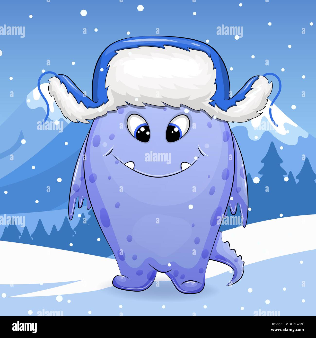 Carino mostro cartoni animati con cappello blu in inverno. Illustrazione vettoriale di animali in natura su sfondo blu con neve. Illustrazione Vettoriale