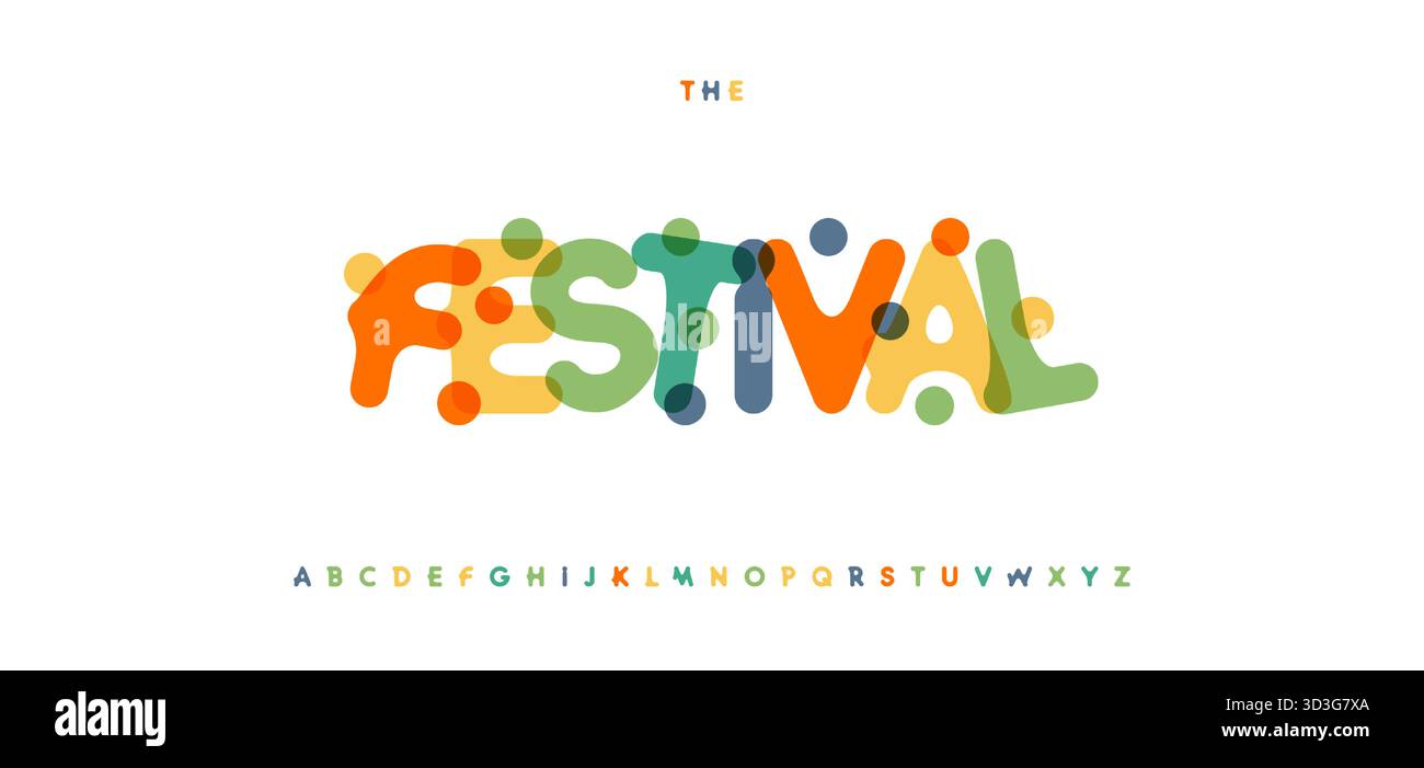 Carattere carnevale coriandoli, alfabeto colorato luminoso, lettere giocose di cartone, carattere Funky arrotondato, logo festivo gioioso, titolo comico divertente, Bouncy Illustrazione Vettoriale