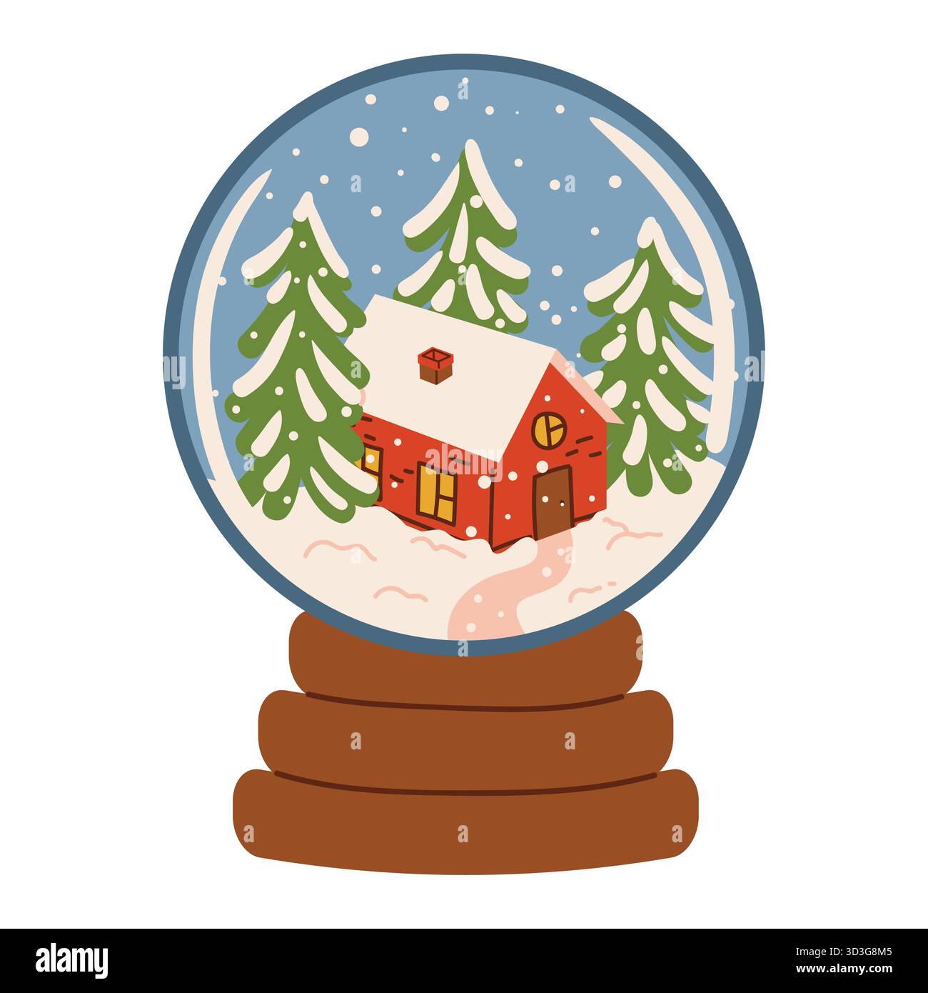 Carino globo di neve natalizio con una piccola casa e abeti all'interno, disegnato in stile cartoni animati piatto. Perfetto per biglietti di auguri, arredamento, design invernale, accogliente N Illustrazione Vettoriale