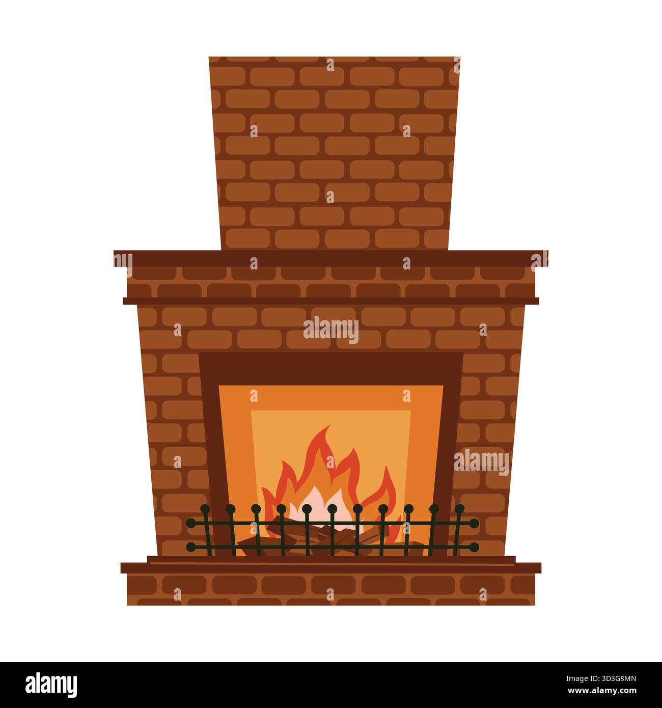 Accogliente caminetto in mattoni con fuoco in stile cartoni animati. Illustrazione dall'atmosfera calda e festiva perfetta per decorazioni natalizie, biglietti d'auguri e poster Illustrazione Vettoriale
