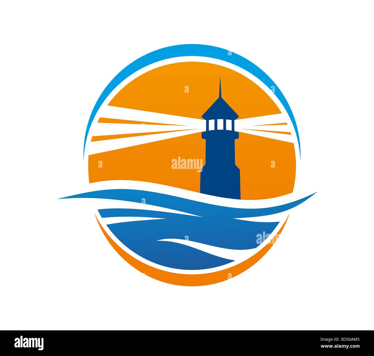 Icona faro di un faro marino con onde marine o oceaniche in silhouette, emblema vettoriale. Icona faro di fasci luminosi per la navigazione navale o la bussola nautica e la torre di segnalazione marina portuale Illustrazione Vettoriale