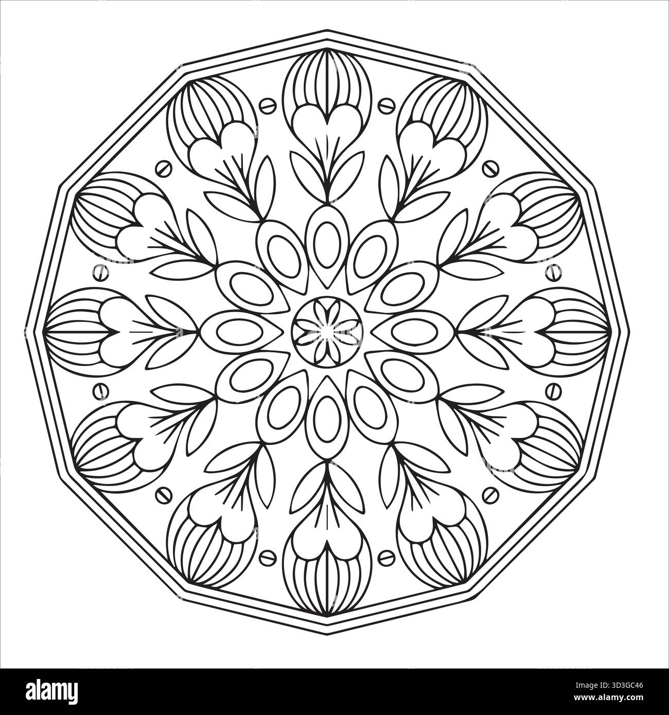 Elegante pagina da colorare Mandala floreale ottagonale per rilassamento e sollievo dallo stress Illustrazione Vettoriale