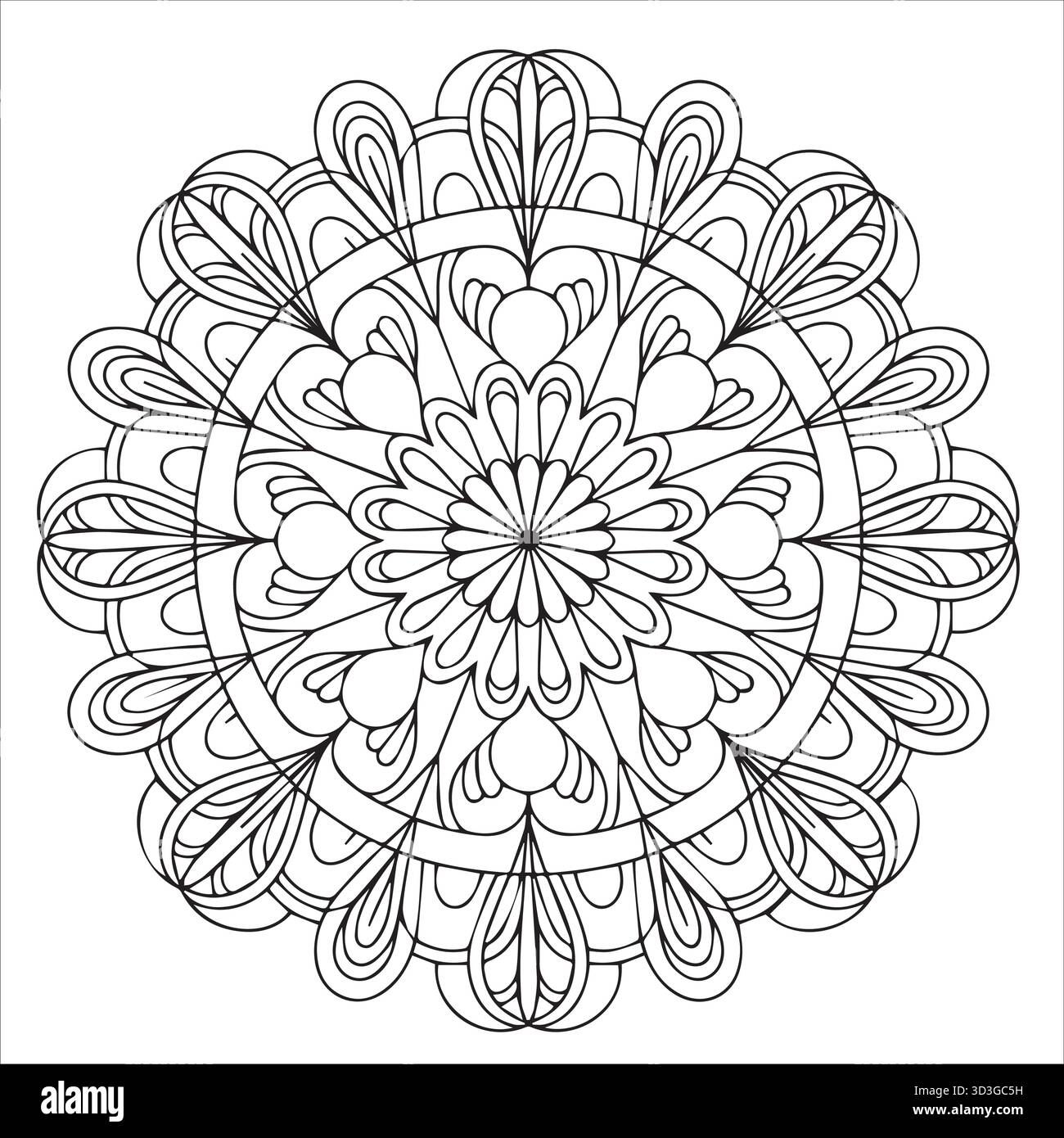 Elegante pagina da colorare Mandala cuore e fiore per rilassamento e sollievo dallo stress Illustrazione Vettoriale