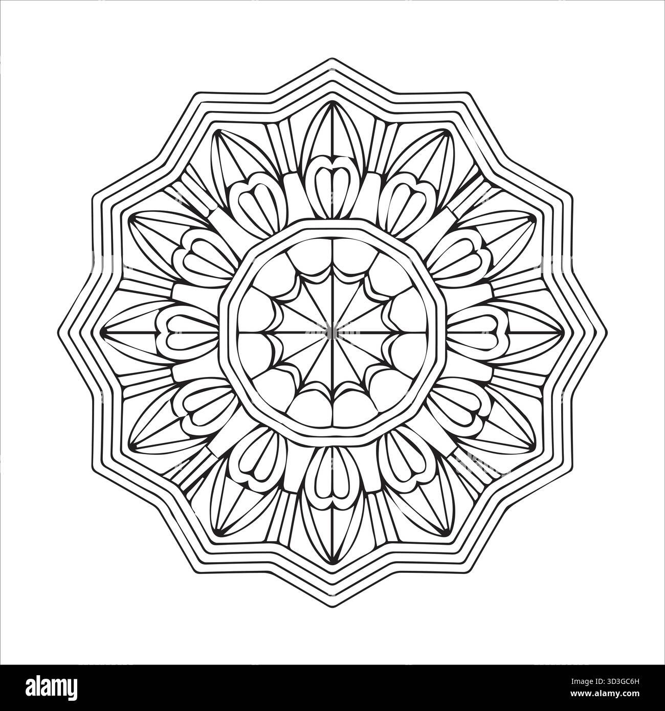 Pagina da colorare geometrica Starburst Mandala per rilassamento e sollievo dallo stress Illustrazione Vettoriale