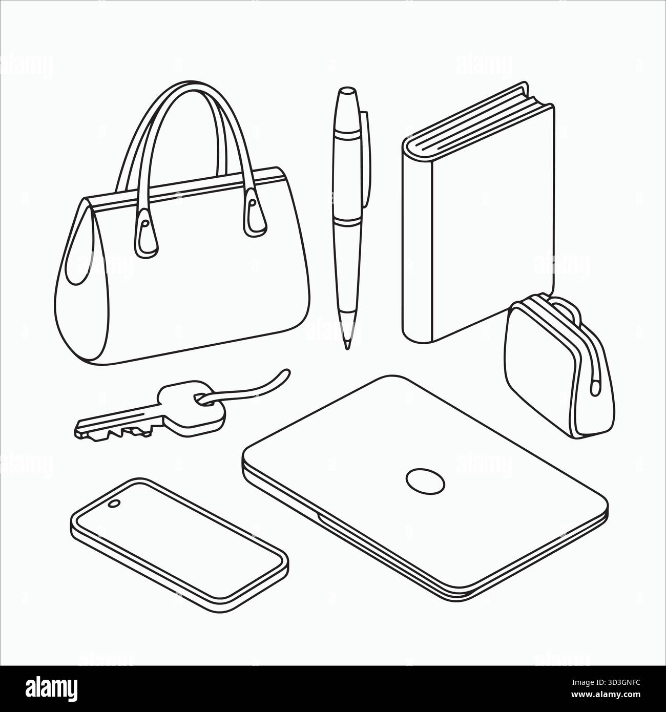 Accessori essenziali per la scrivania: Laptop, telefono, penna e chiave disposti in modo ordinato. Illustrazione Vettoriale