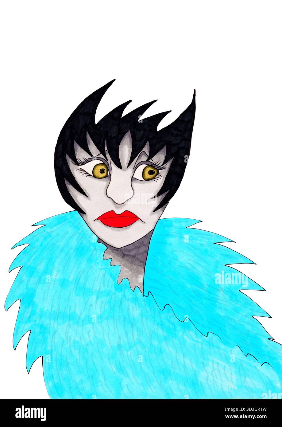 Surreale ritratto zoometrico ispirato a Liza Minnelli, una figura ibrida con piume nere e sguardo intenso. Un'allegoria visiva del carisma di stadio e. Foto Stock