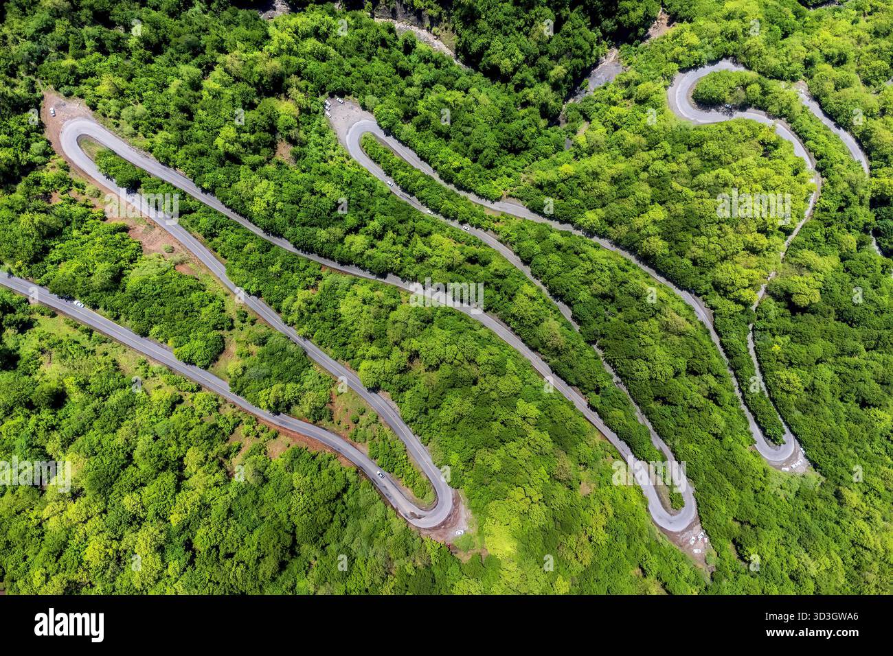 Vista aerea di una strada tortuosa che serpeggia attraverso fitte foreste verdi, creando un contrasto sorprendente tra natura e infrastrutture, Ramian, Golestan Pr Foto Stock