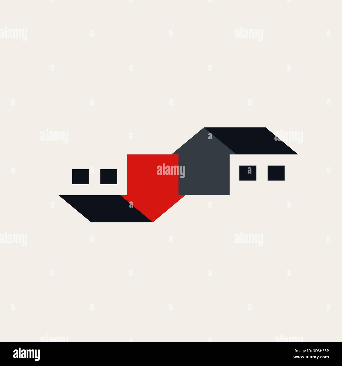 Due case stilizzate con una freccia rossa affilata rivolta verso il basso, che rappresenta il calo dei valori immobiliari, il rischio del mercato immobiliare, la crisi immobiliare e il broa Illustrazione Vettoriale