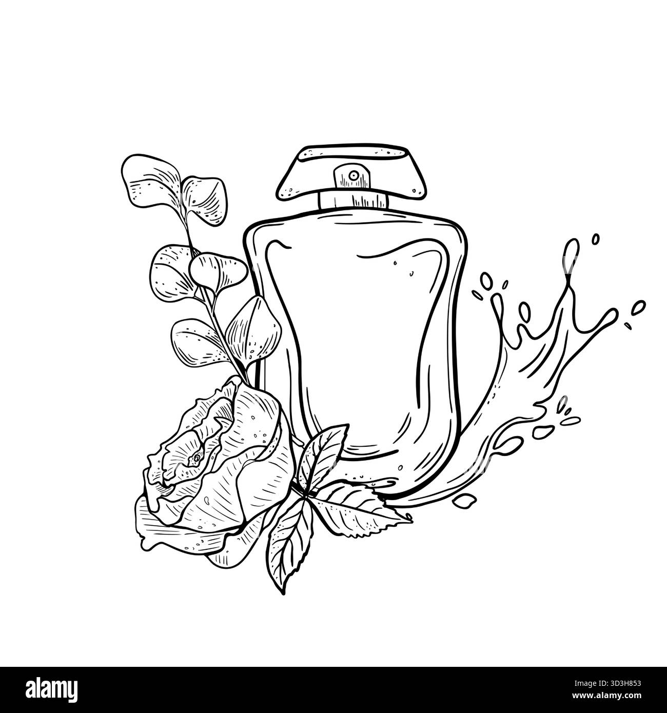 Elegante illustrazione del vettore di profumi per la giornata della donna. Flacone disegnato a mano con bouquet floreale e acqua. Disegno in bianco e nero per Illustrazione Vettoriale