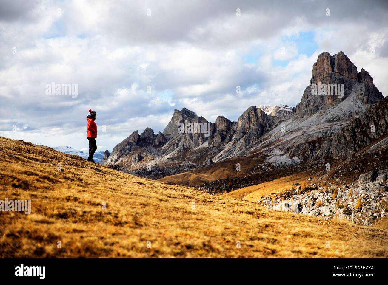 Un'escursionista turista donna in piedi che si gode la spettacolare vista panoramica autunnale dell'iconico Passo Giau nelle bellissime Dolomiti, Italia. Foto Stock