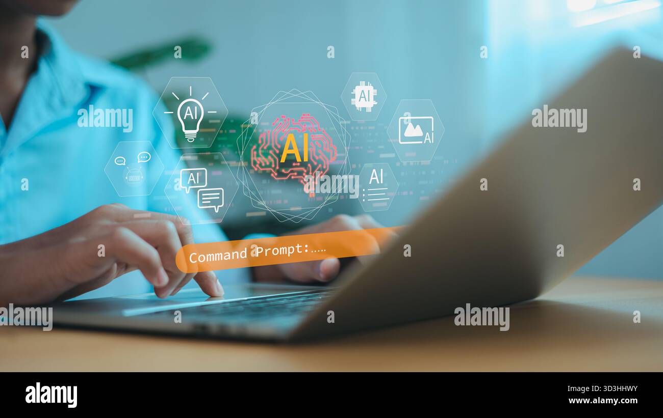 Una persona che utilizza un notebook con icone di intelligenza artificiale digitale, simboleggia l'intelligenza artificiale, l'apprendimento automatico, l'analisi dei dati e l'innovazione tecnologica moderna. Foto Stock